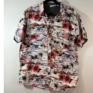 Ron Jon Surf Shop Men's XL Tropical Hibiscus Woven Hawaiian Khaki Shirt